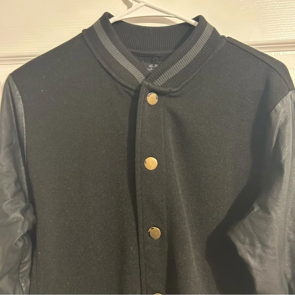 G by Guess Men's Leather Sleeves Button Down Baseball Bomber Jacket